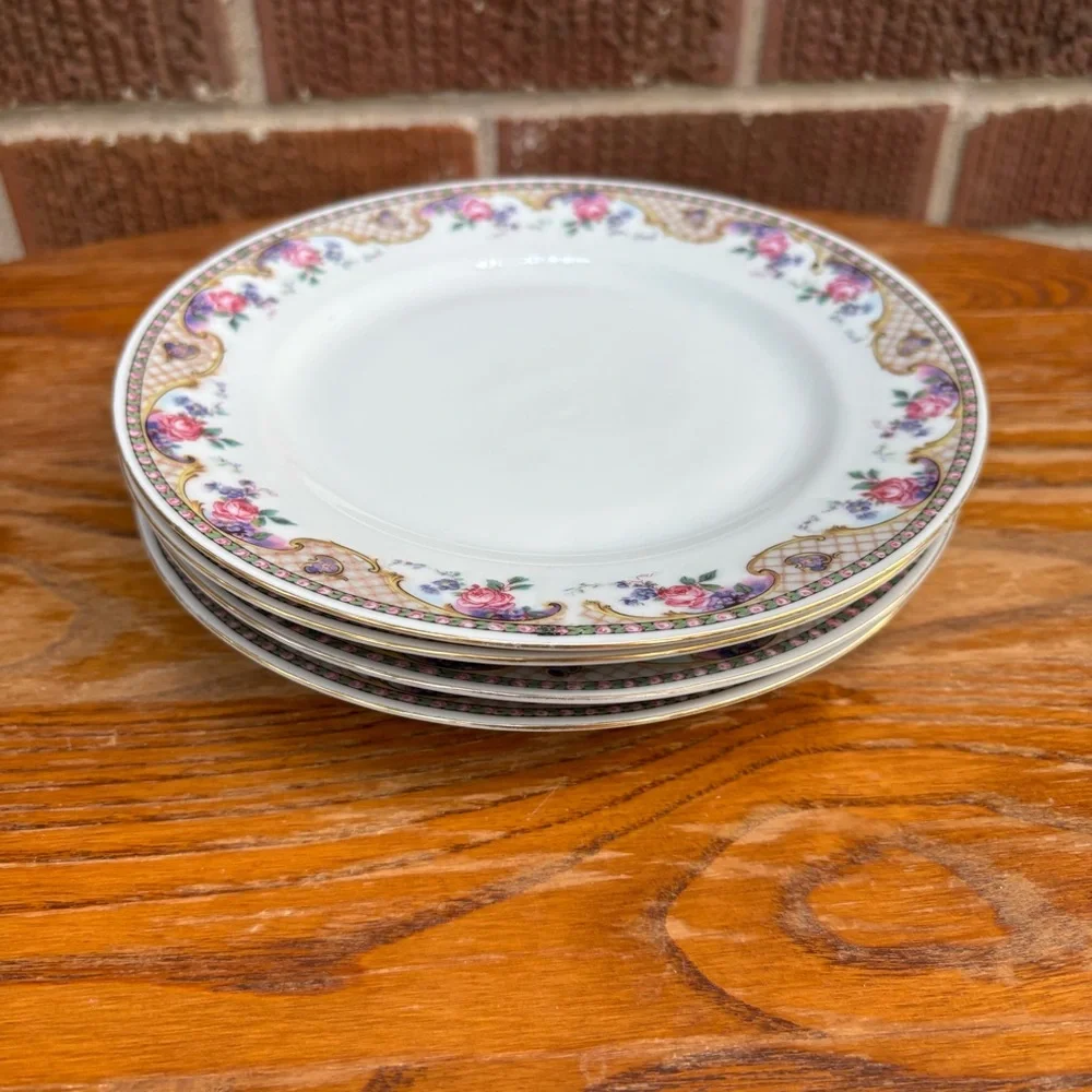 Vtg Victoria Czecho-slovakia dessert  plates Pink Roses and gold basket. 4 pc